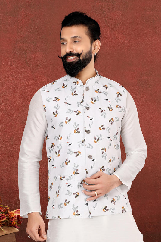 White Dhupion Silk Graceful Readymade Men Kurta Pyjama With Jacket