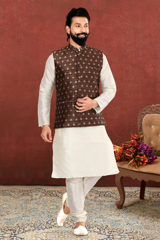 White Color Engaging Dhupion Silk Fabric Festive Wear Readymade Kurta Pyjama For Men With Jacket