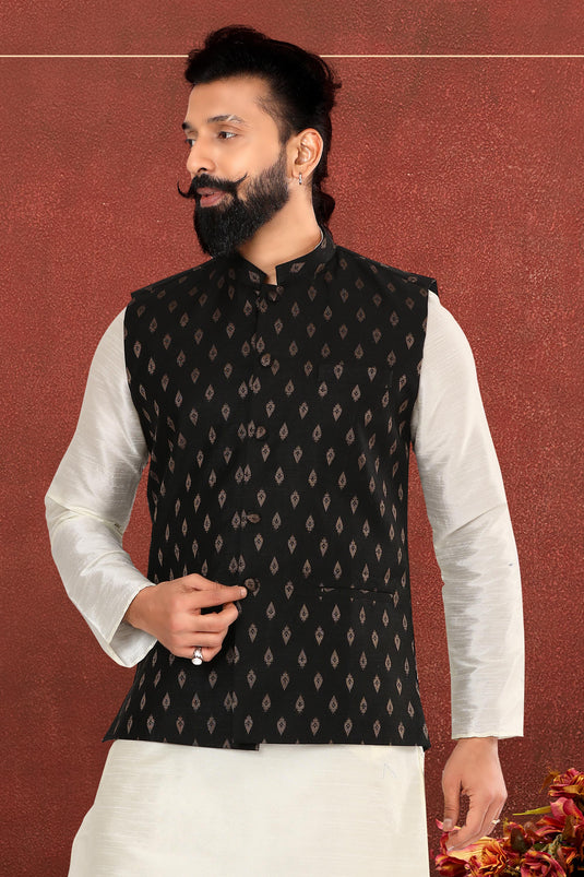 Fetching White Dhupion Silk Fabric Sangeet Wear Readymade Kurta Pyjama For Men With Jacket