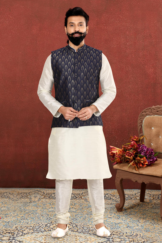 White Color Dhupion Silk Fabric Reception Wear Striking Readymade Kurta Pyjama For Men With Jacket