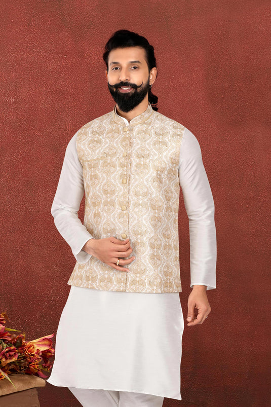 Beige Color Dhupion Silk Fabric Wedding Wear Designer Readymade Jacket For Men