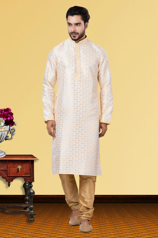 Beige Jacquard Silk Fabric Function Wear Readymade Kurta Pyjama For Men