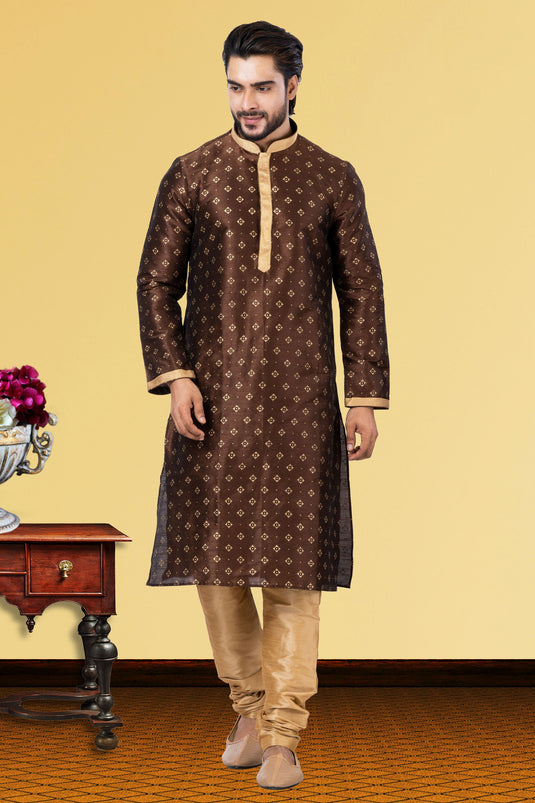 Brown Wedding Wear Readymade Kurta Pyjama For Men In Dhupion Fabric