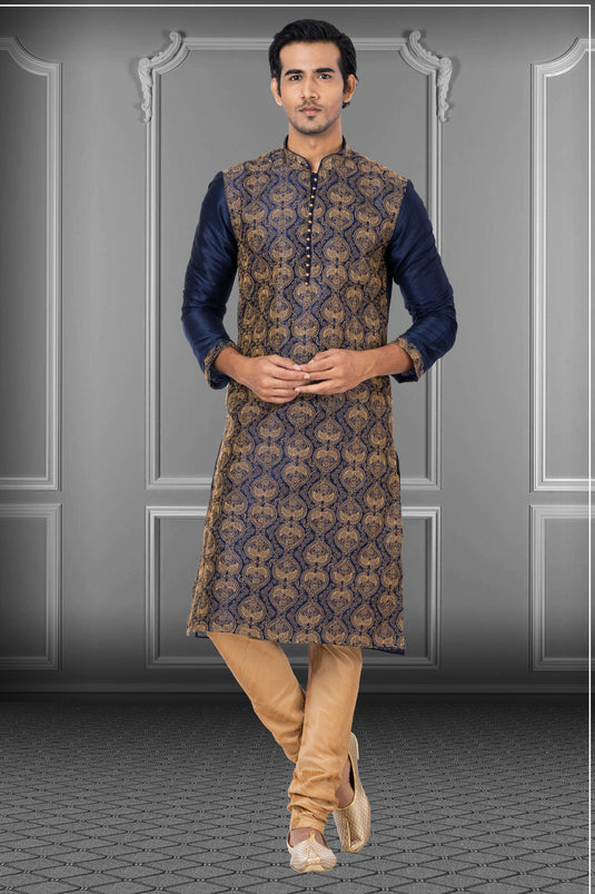 Dhupion Fabric Function Wear Readymade Navy Blue Kurta Pyjama For Men