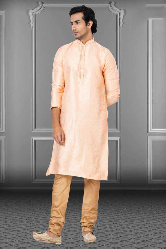 Peach Sangeet Wear Linen Silk Fabric Designer Readymade Kurta Pyjama For Men