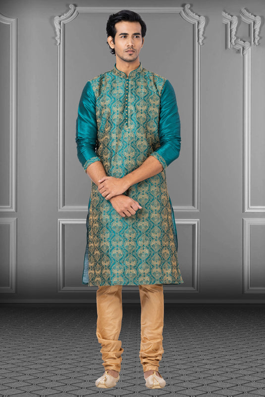 Teal Dhupion Fabric Function Wear Readymade Kurta Pyjama For Men