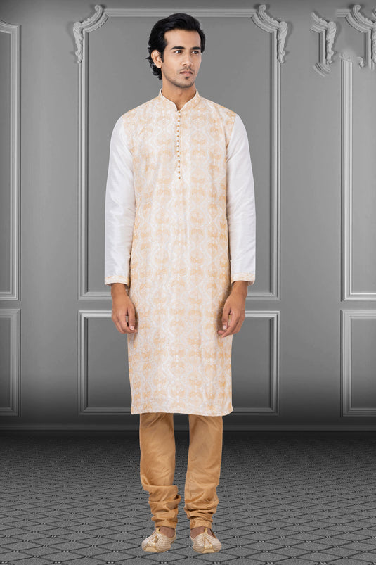 Off White Engaging Dhupion Fabric Festive Wear Readymade Kurta Pyjama For Men