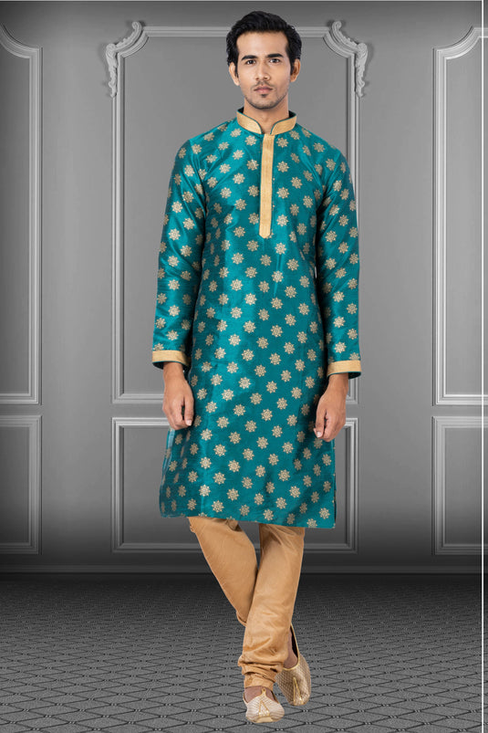 Teal Dhupion Fabric Reception Wear Striking Readymade Kurta Pyjama For Men