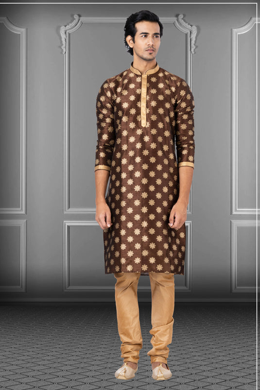 Brown Sangeet Wear Pretty Readymade Kurta Pyjama For Men In Dhupion Fabric