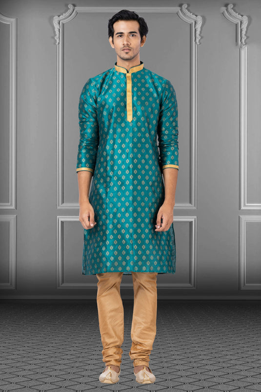 Reception Wear Attractive Readymade Kurta Pyjama For Men In Teal Dhupion Fabric