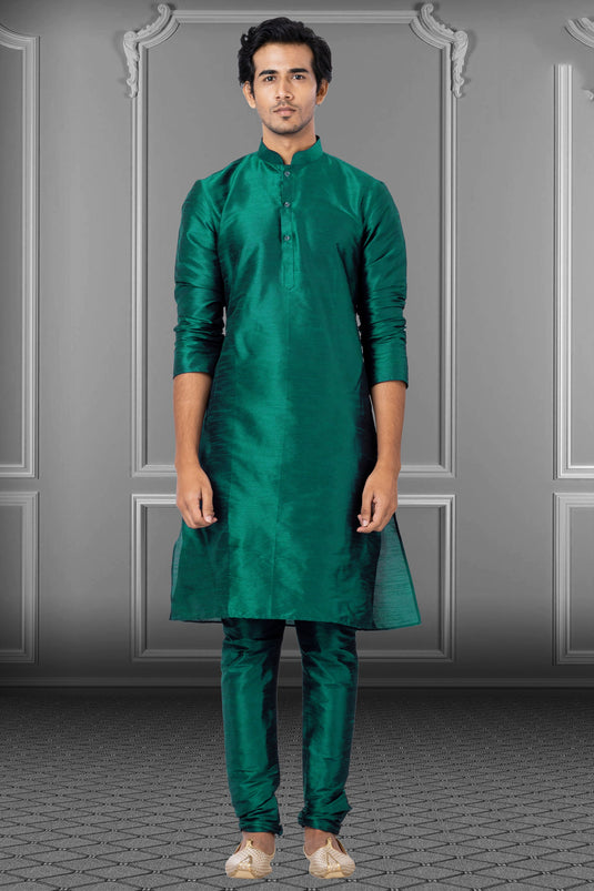 Dark Green Gorgeous Dhupion Fabric Wedding Wear Kurta Pyjama For Men