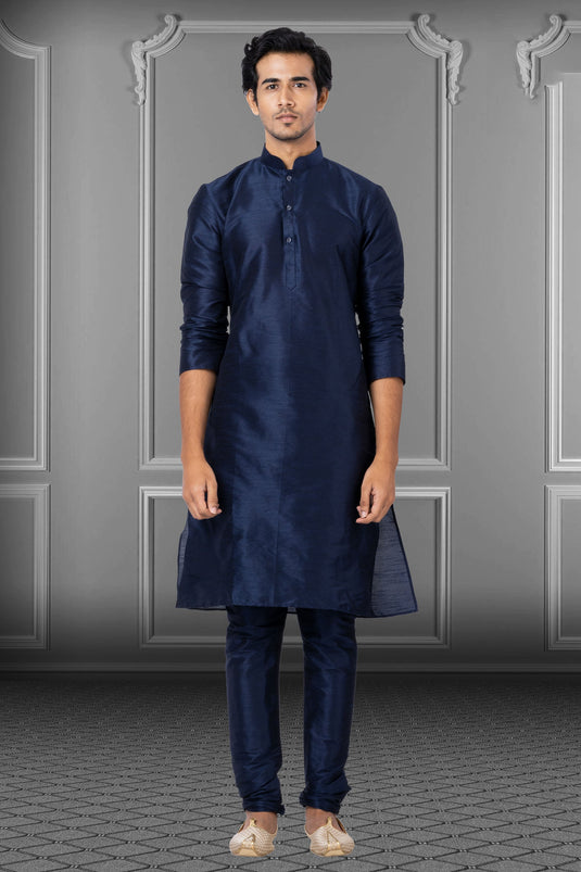 Navy Blue Sangeet Wear Dhupion Fabric Designer Readymade Kurta Pyjama For Men