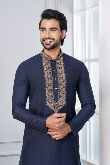 Fancy Navy Blue Cotton Sangeet Wear Readymade Kurta Pyjama For Men