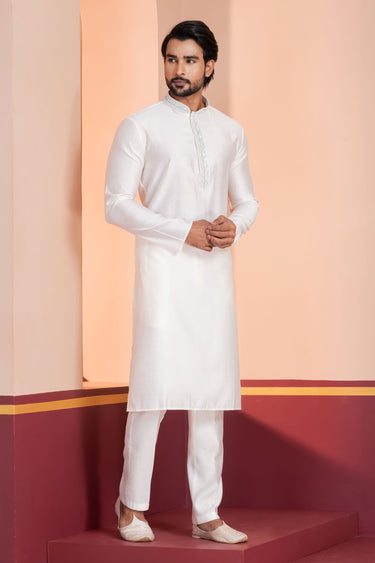 Cotton White Sangeet Wear Readymade Men Stylish Kurta Pyjama