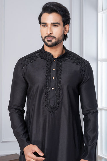 Black Cotton Sangeet Wear Trendy Readymade Kurta Pyjama For Men