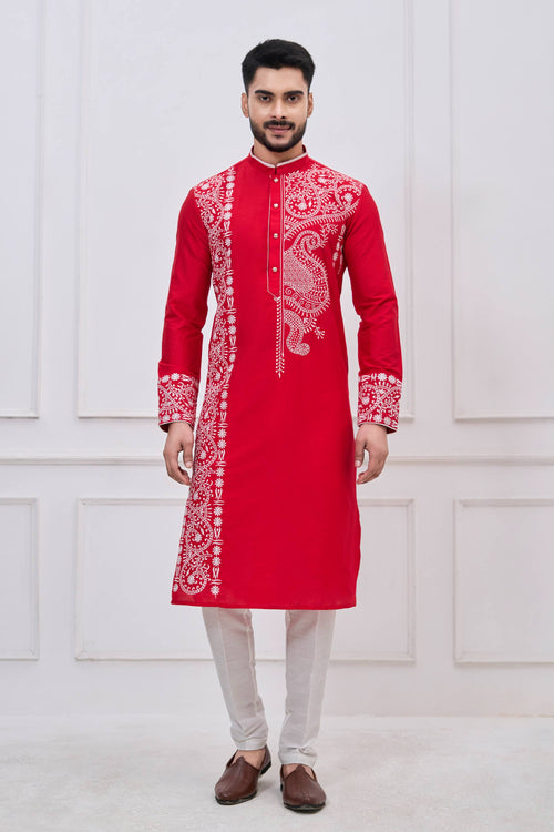 Viscose Embroidered Red Festive Wear Readymade Kurta Pyjama For Men