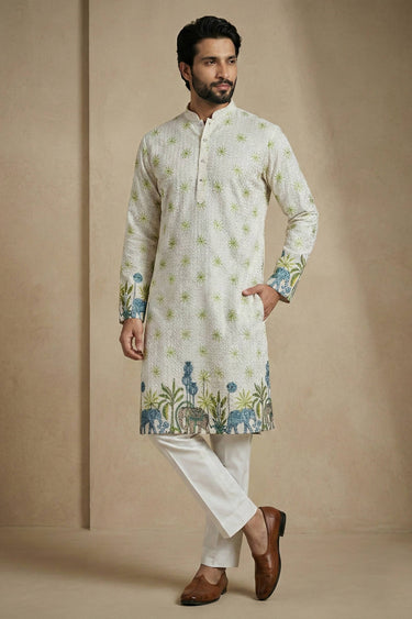 Printed Multi Color Cotton Fabric Wedding Wear Readymade Kurta Pyjama For Men