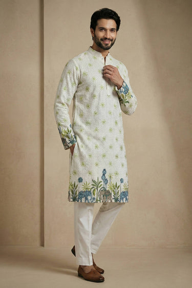 Printed Multi Color Cotton Fabric Wedding Wear Readymade Kurta Pyjama For Men