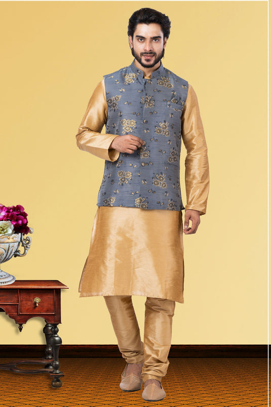 Dhupion Raw Silk Fabric Cream Festive Wear Readymade Men Stylish Kurta Pyjama With Jacket