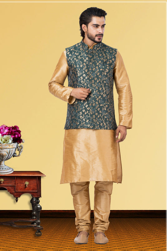 Dhupion Raw Silk Cream Reception Wear Attractive Readymade Men Kurta Pyjama With Jacket