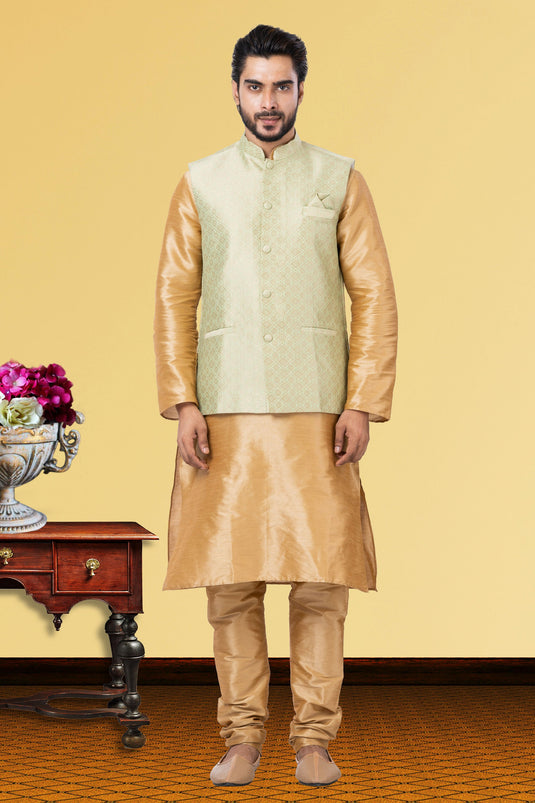 Dhupion Raw Silk Cream Magnificent Readymade Men Kurta Pyjama With Jacket