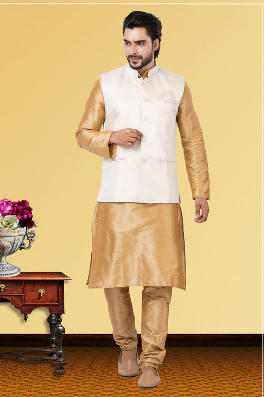 Cream Dhupion Raw Silk Fabric Readymade Men Kurta Pyjama With Jacket