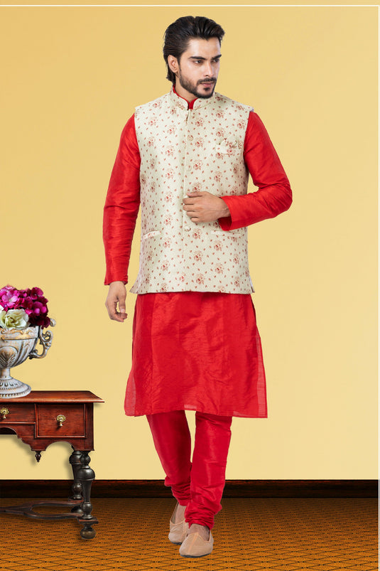 Dhupion Raw Silk Fabric Red Festive Wear Trendy Readymade Men Kurta Pyjama With Jacket