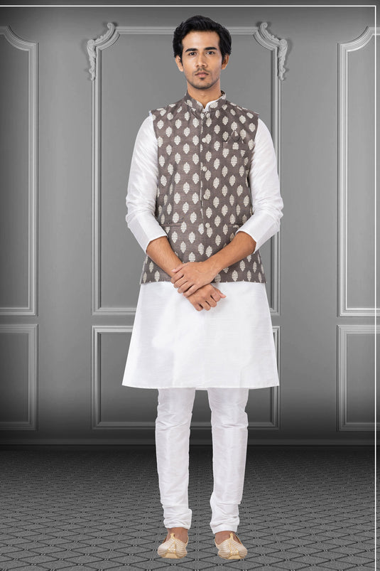 White Dhupion Raw Silk Fabric Festive Wear Captivating Readymade Kurta Pyjama For Men With Jacket