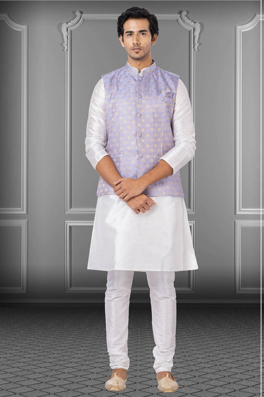 Dhupion Raw Silk White Sangeet Wear Pretty Readymade Kurta Pyjama For Men With Jacket