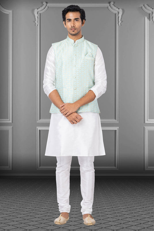 Dhupion Raw Silk Fabric White Festive Wear Readymade Men Stylish Kurta Pyjama With Nehru Jacket set