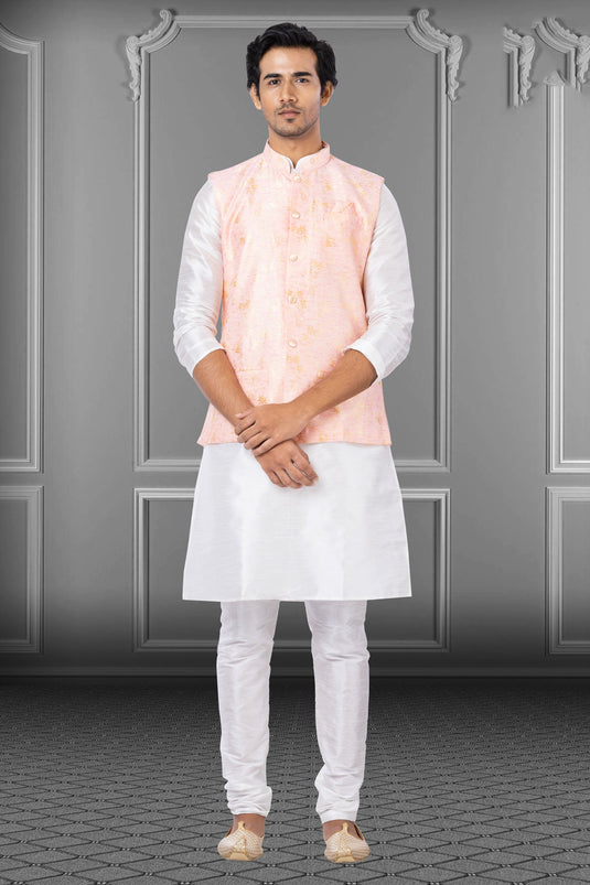 White Dhupion Raw Silk Fabric Function Wear Readymade Kurta Pyjama For Men With 3 Pcs Jacket Set