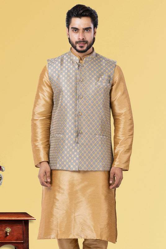 Sangeet Wear Grey Readymade Men Jacket In Jacquard Silk Fabric