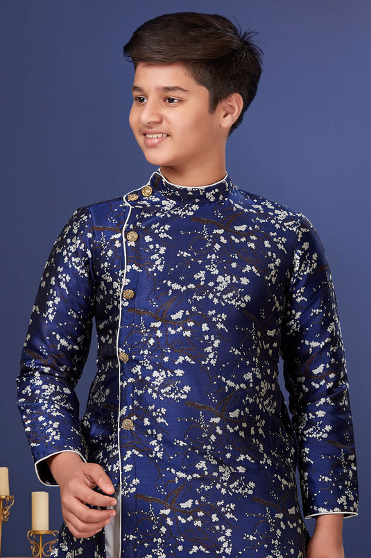 Traditional Wear Jacquard Silk Fabric Readymade Indo Western For Boys In Navy Blue Color