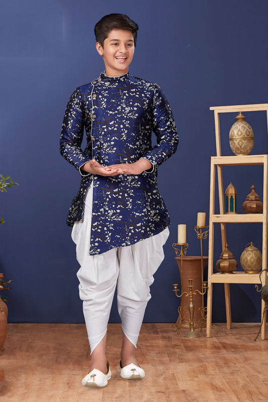 Traditional Wear Jacquard Silk Fabric Readymade Indo Western For Boys In Navy Blue Color