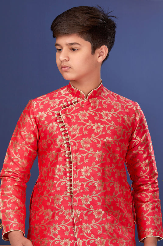 Occasion Wear Trendy Readymade Indo Western For Boys In Pink Color Art Silk Fabric