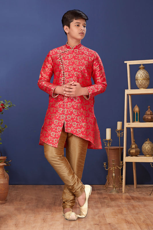 Occasion Wear Trendy Readymade Indo Western For Boys In Pink Color Art Silk Fabric