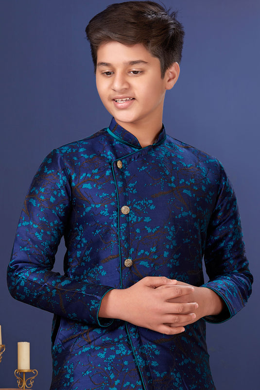 Occasion Wear Navy Blue Color Jacquard Silk Fabric Readymade Boys Indo Western