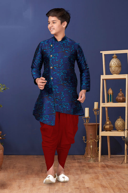 Occasion Wear Navy Blue Color Jacquard Silk Fabric Readymade Boys Indo Western