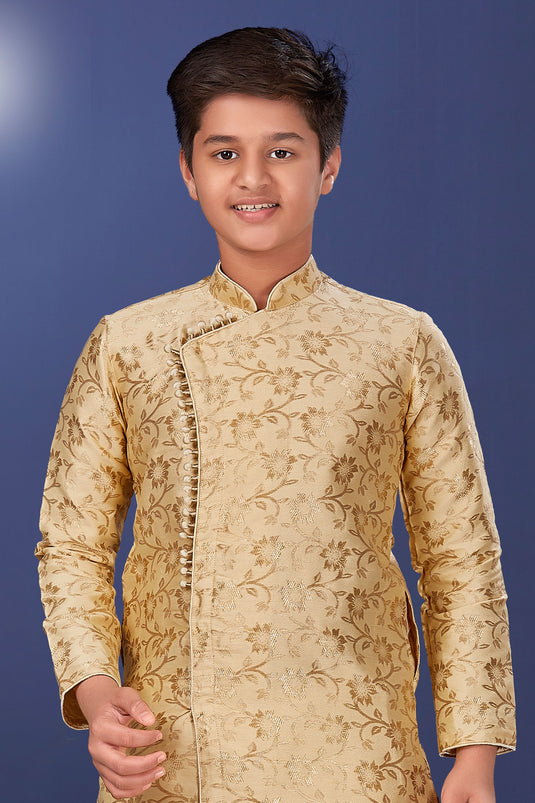 Art Silk Fabric Beige Color Occasion Wear Readymade Boys Indo Western