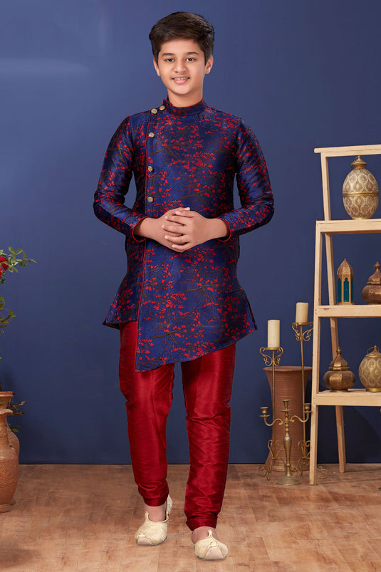 Occasion Wear Art Silk Fabric Navy Blue Color Trendy Readymade Indo Western For Boys