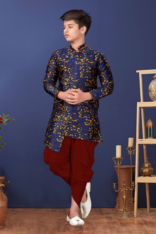 Navy Blue Color Occasion Wear Art Silk Fabric Designer Readymade Indo Western For Boys