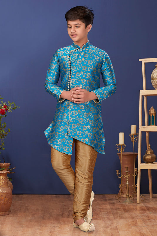 Occasion Wear Art Silk Fabric Designer Readymade Indo Western For Boys In Cyan Color