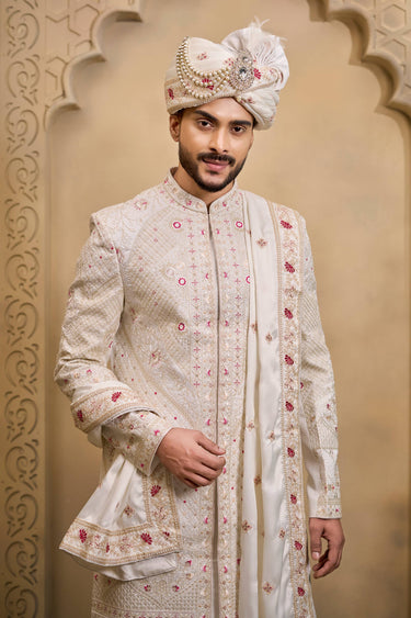Silk Embroidered Off White Readymade Groom Sherwani For Men