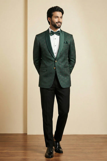 Dark Green Party Wear Jacquard Fabric Readymade Blazer For Men