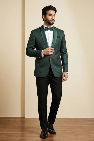 Dark Green Party Wear Jacquard Fabric Readymade Blazer For Men