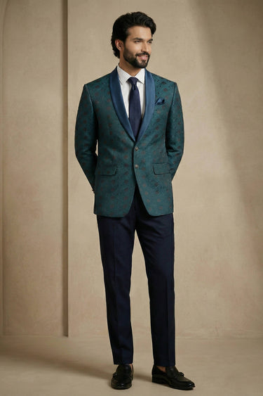 Teal Party Wear Jacquard Fabric Readymade Designer Blazer For Men