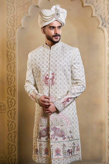 Silk Fabric Heavy Embroidered White Men Groom Sherwani
