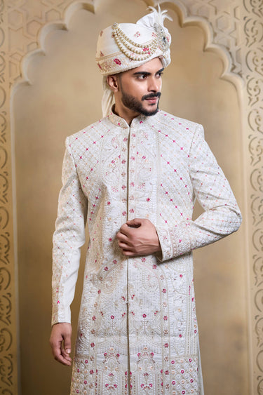 White Heavy Embroidered Silk Fabric Readymade Groom Sherwani For Men