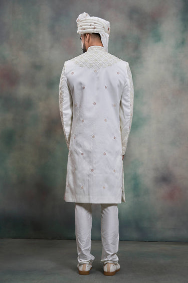 Silk Fabric White Heavy Embroidered Men Readymade Groom Sherwani