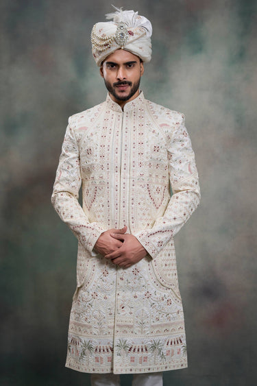 Silk Heavy Embroidered Off White Color Men Readymade Groom Sherwani